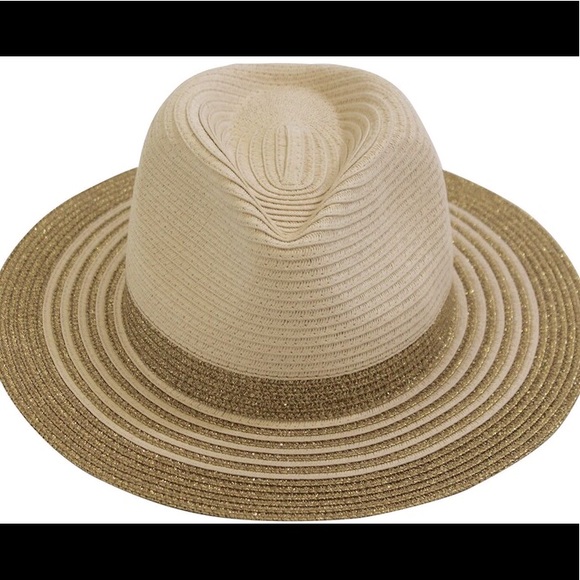 C&C CALIFORNIA STRIPE BRIM STRAW FEDORA NATURAL WITH GOLD METALLIC OS NWT - Picture 1 of 2